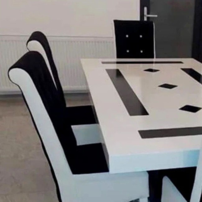Masă bucătărie cu 6 scaune culoare alb cu negru