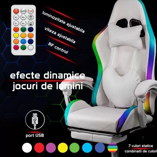 Scaun gaming cu iluminare RGB și suport pentru picioare OFF 298 alb