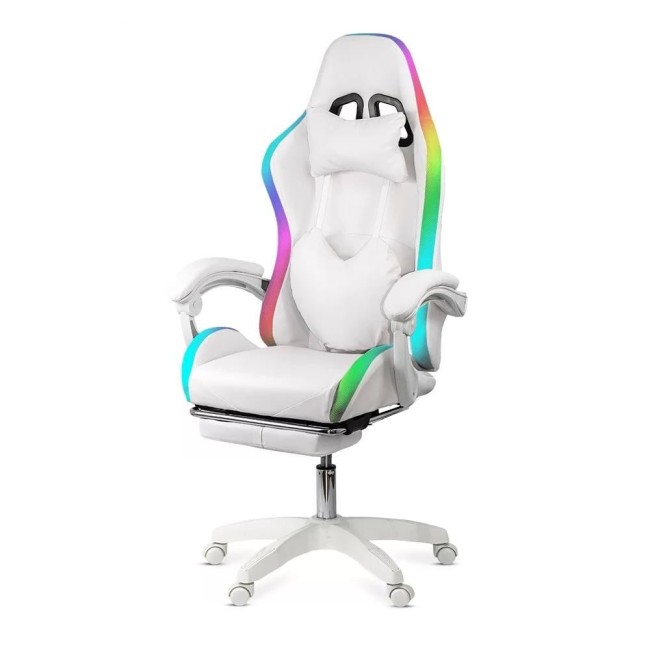 Scaun gaming cu iluminare RGB și suport pentru picioare OFF 298 alb