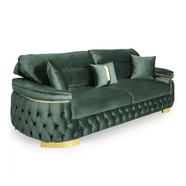 Canapea extensibilă Rio Lux cu 3 locuri, tapițată verde și cadru auriu