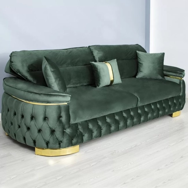 Canapea extensibilă Rio Lux cu 3 locuri, tapițată verde și cadru auriu
