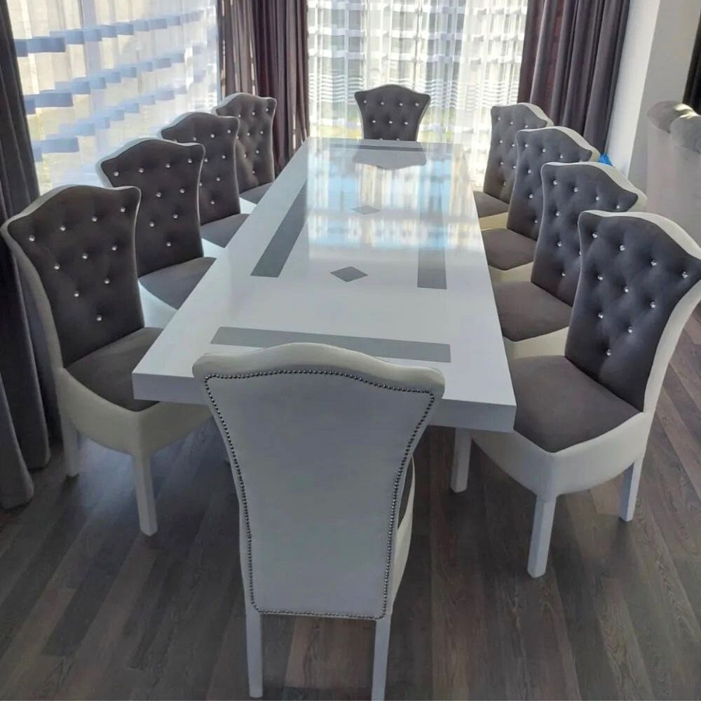 Set masă cu 10 scaune catifea alb gri