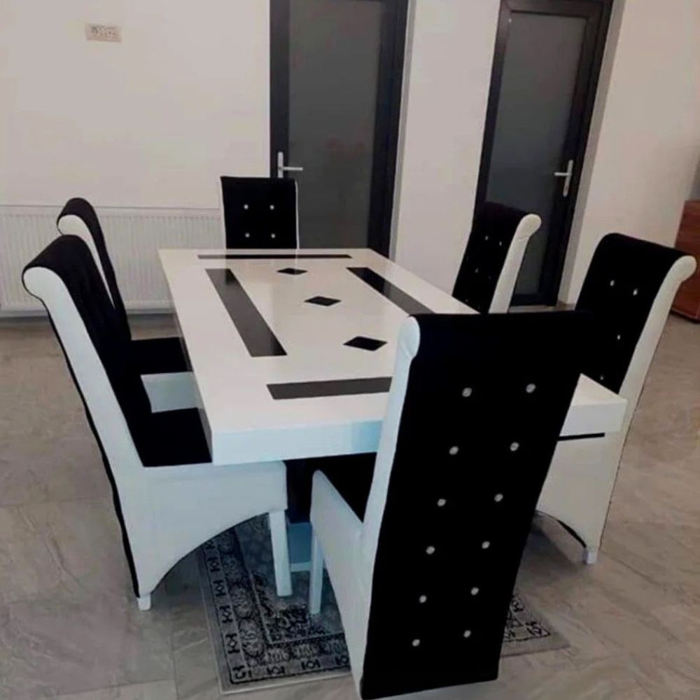 Set masă bucătărie cu 6 scaune culoare alb cu negru
