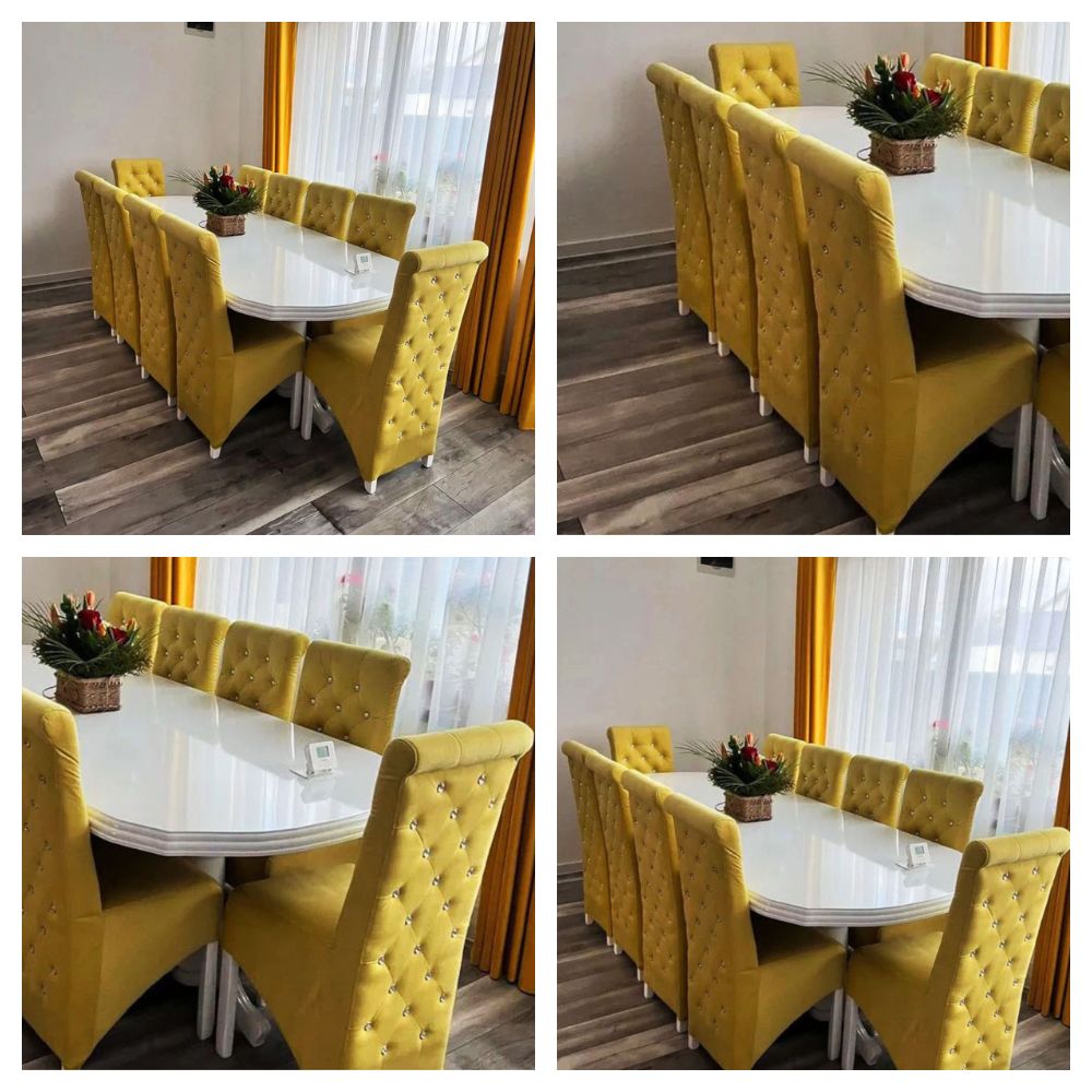 Set masă lemn masiv cu 12 Scaune White-Yellow Medina
