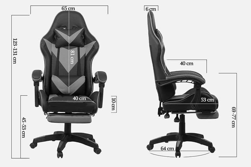 Dimensiuni scaun gaming cu spatar reglabil si suport picioare alb/negru OFF 299