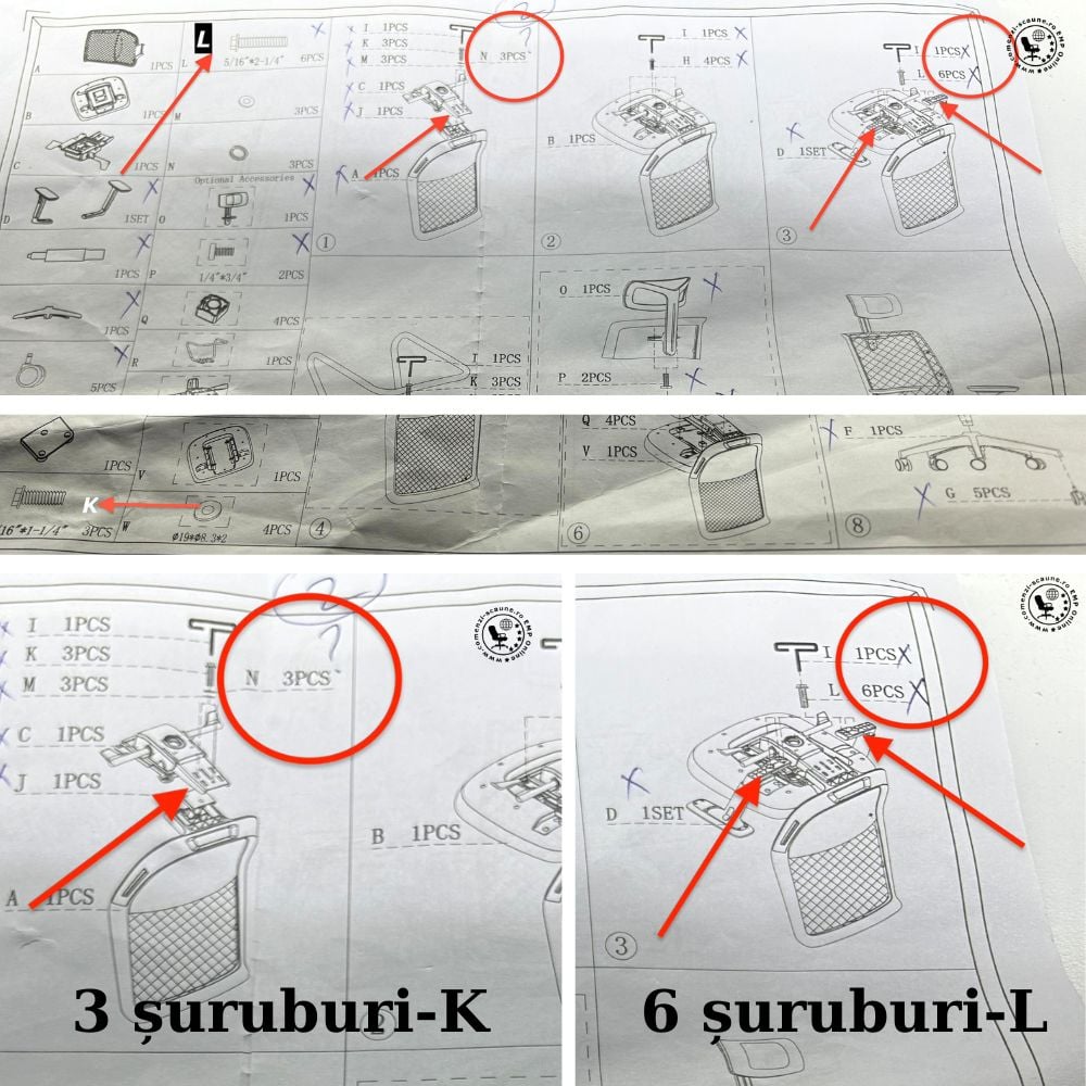 Schiță instrucțiuni de asamblare și montaj scaun birou Tesla